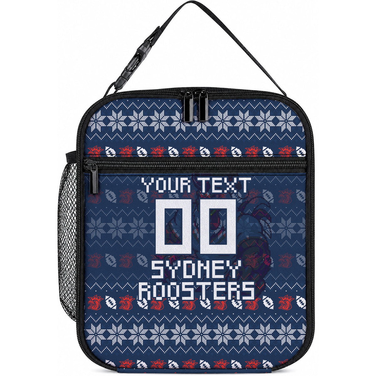 Personalized Sydney Roosters Christmas Lunch Bag Australian Rugby Fans - Pixelated Ugly Xmas Pattern Mascot Santa