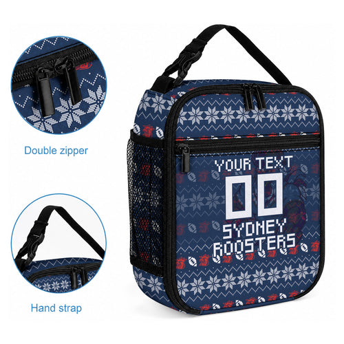 Personalized Sydney Roosters Christmas Lunch Bag Australian Rugby Fans - Pixelated Ugly Xmas Pattern Mascot Santa