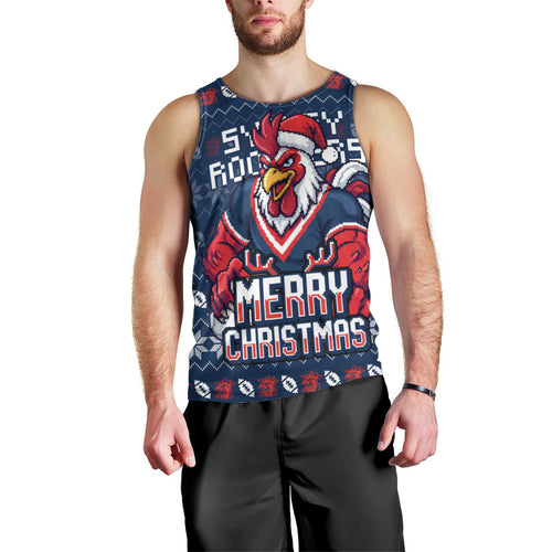 Personalized Sydney Roosters Christmas Men Tank Top Australian Rugby Fans - Pixelated Ugly Xmas Pattern Mascot Santa