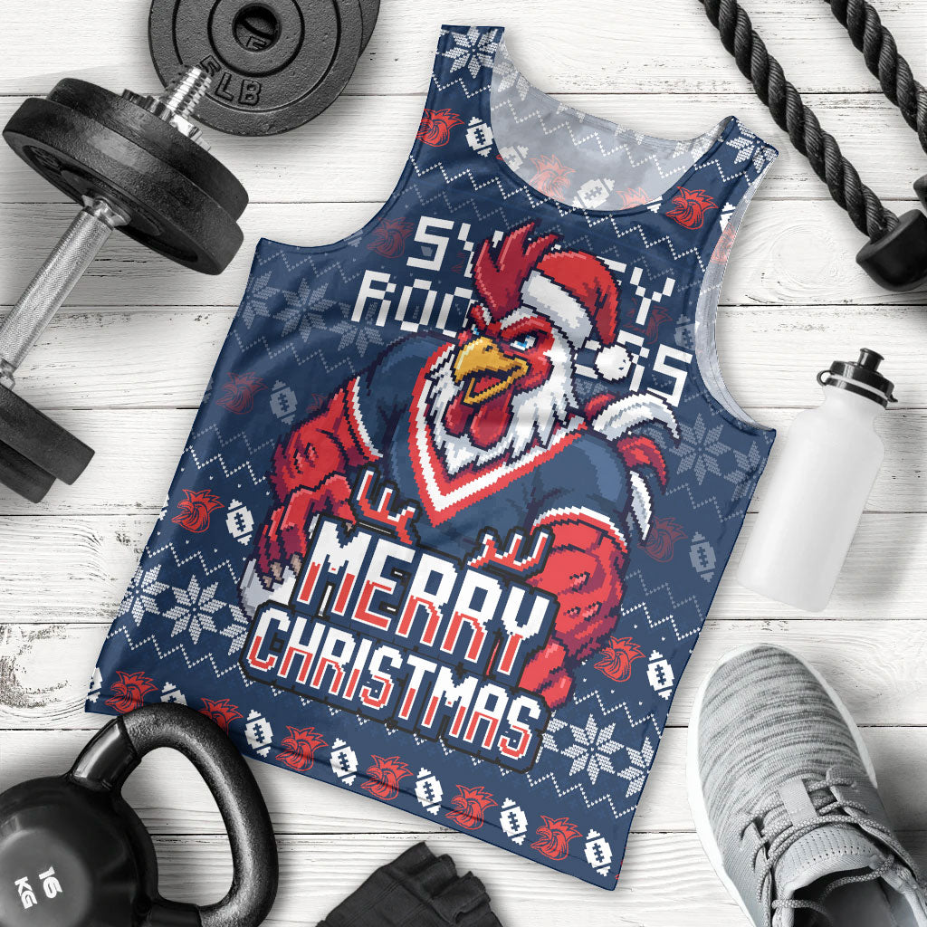 Personalized Sydney Roosters Christmas Men Tank Top Australian Rugby Fans - Pixelated Ugly Xmas Pattern Mascot Santa