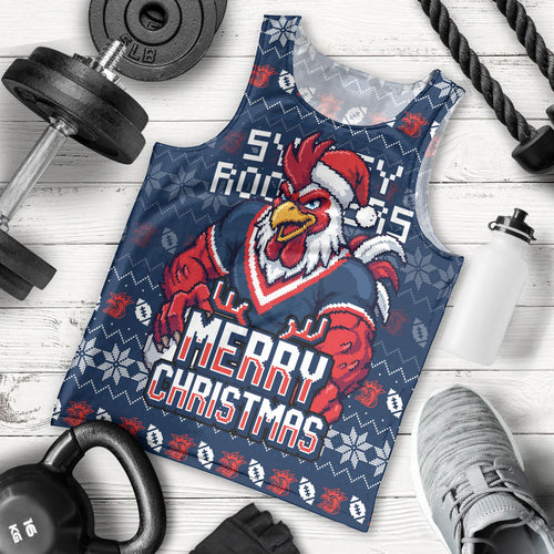 Personalized Sydney Roosters Christmas Men Tank Top Australian Rugby Fans - Pixelated Ugly Xmas Pattern Mascot Santa