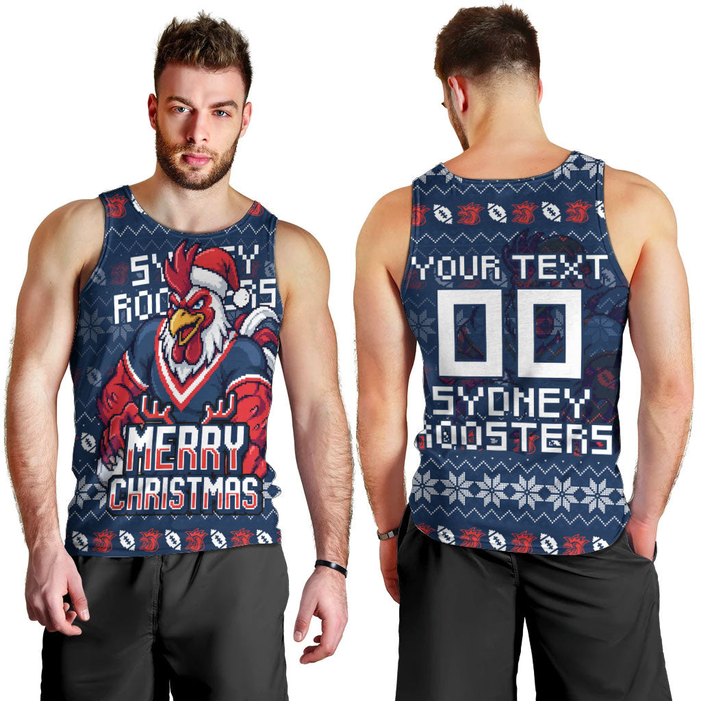 Personalized Sydney Roosters Christmas Men Tank Top Australian Rugby Fans - Pixelated Ugly Xmas Pattern Mascot Santa