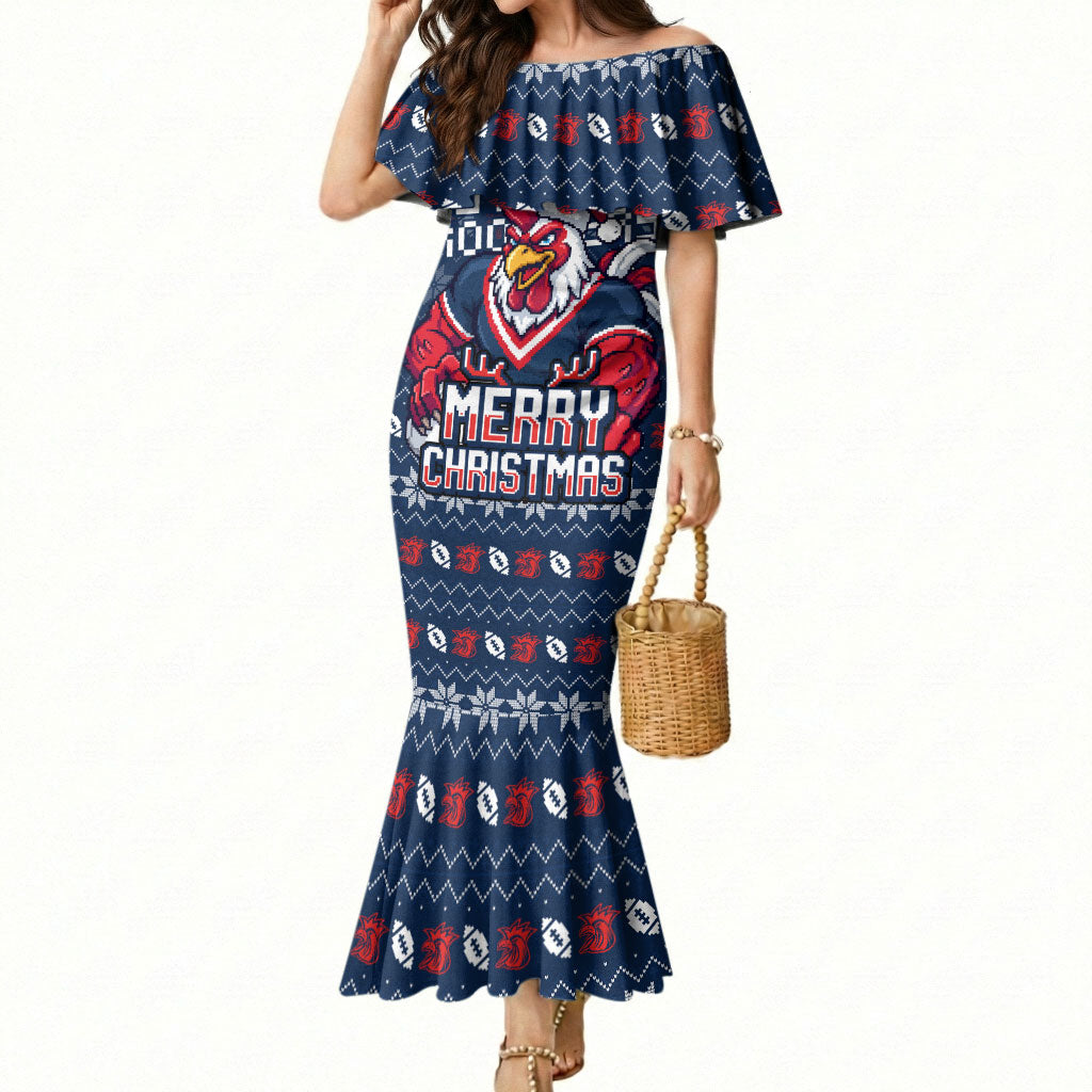 Personalized Sydney Roosters Christmas Mermaid Dress Australian Rugby Fans - Pixelated Ugly Xmas Pattern Mascot Santa