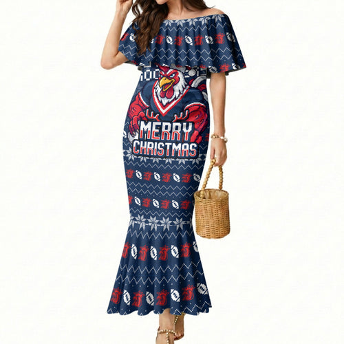 Personalized Sydney Roosters Christmas Mermaid Dress Australian Rugby Fans - Pixelated Ugly Xmas Pattern Mascot Santa