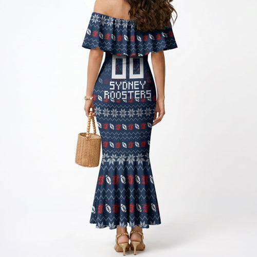 Personalized Sydney Roosters Christmas Mermaid Dress Australian Rugby Fans - Pixelated Ugly Xmas Pattern Mascot Santa