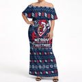 Personalized Sydney Roosters Christmas Off Shoulder Maxi Dress Australian Rugby Fans - Pixelated Ugly Xmas Pattern Mascot Santa