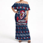 Personalized Sydney Roosters Christmas Off Shoulder Maxi Dress Australian Rugby Fans - Pixelated Ugly Xmas Pattern Mascot Santa