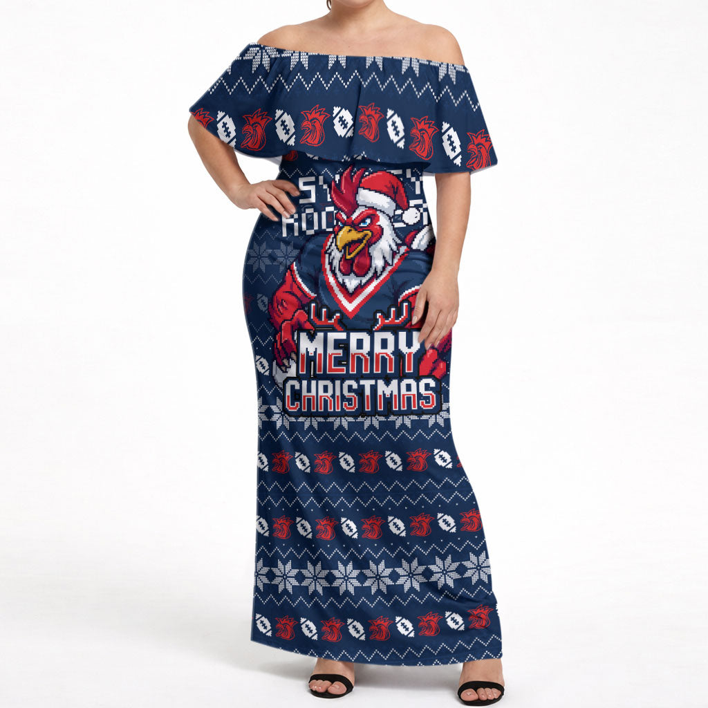 Personalized Sydney Roosters Christmas Off Shoulder Maxi Dress Australian Rugby Fans - Pixelated Ugly Xmas Pattern Mascot Santa