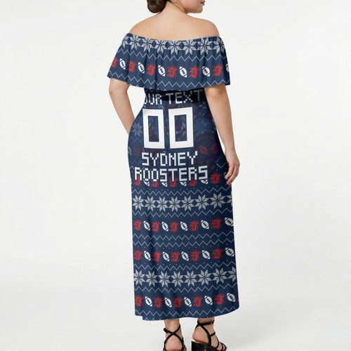 Personalized Sydney Roosters Christmas Off Shoulder Maxi Dress Australian Rugby Fans - Pixelated Ugly Xmas Pattern Mascot Santa