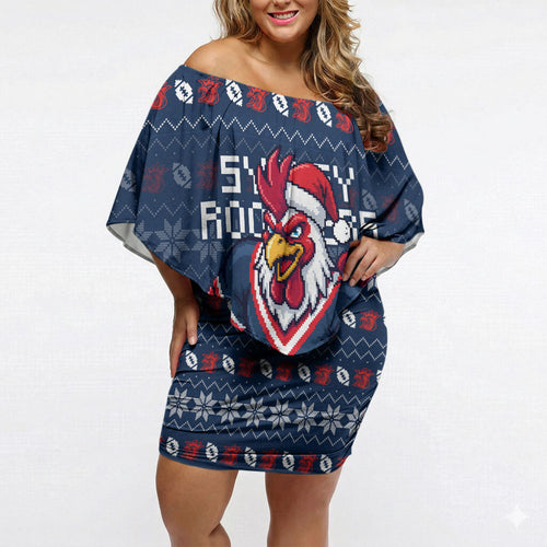 Personalized Sydney Roosters Christmas Off Shoulder Short Dress Australian Rugby Fans - Pixelated Ugly Xmas Pattern Mascot Santa