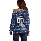 Personalized Sydney Roosters Christmas Off Shoulder Sweater Australian Rugby Fans - Pixelated Ugly Xmas Pattern Mascot Santa
