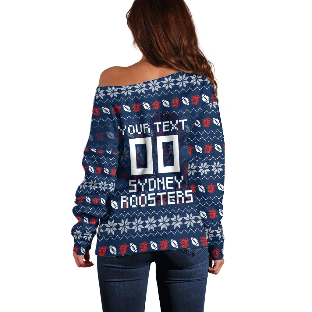 Personalized Sydney Roosters Christmas Off Shoulder Sweater Australian Rugby Fans - Pixelated Ugly Xmas Pattern Mascot Santa