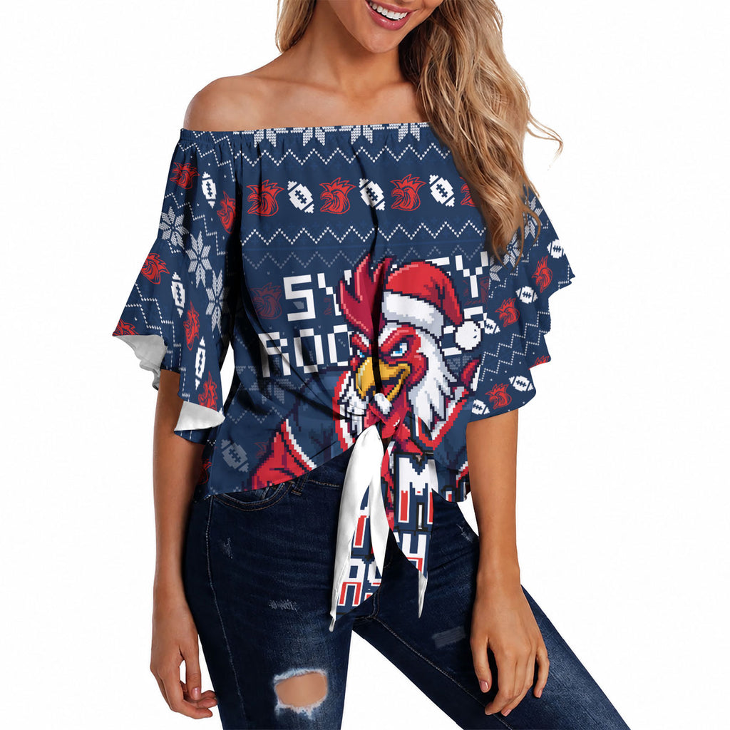 Personalized Sydney Roosters Christmas Off Shoulder Wrap Waist Top Australian Rugby Fans - Pixelated Ugly Xmas Pattern Mascot Santa
