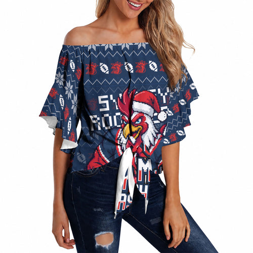 Personalized Sydney Roosters Christmas Off Shoulder Wrap Waist Top Australian Rugby Fans - Pixelated Ugly Xmas Pattern Mascot Santa