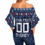 Personalized Sydney Roosters Christmas Off Shoulder Wrap Waist Top Australian Rugby Fans - Pixelated Ugly Xmas Pattern Mascot Santa