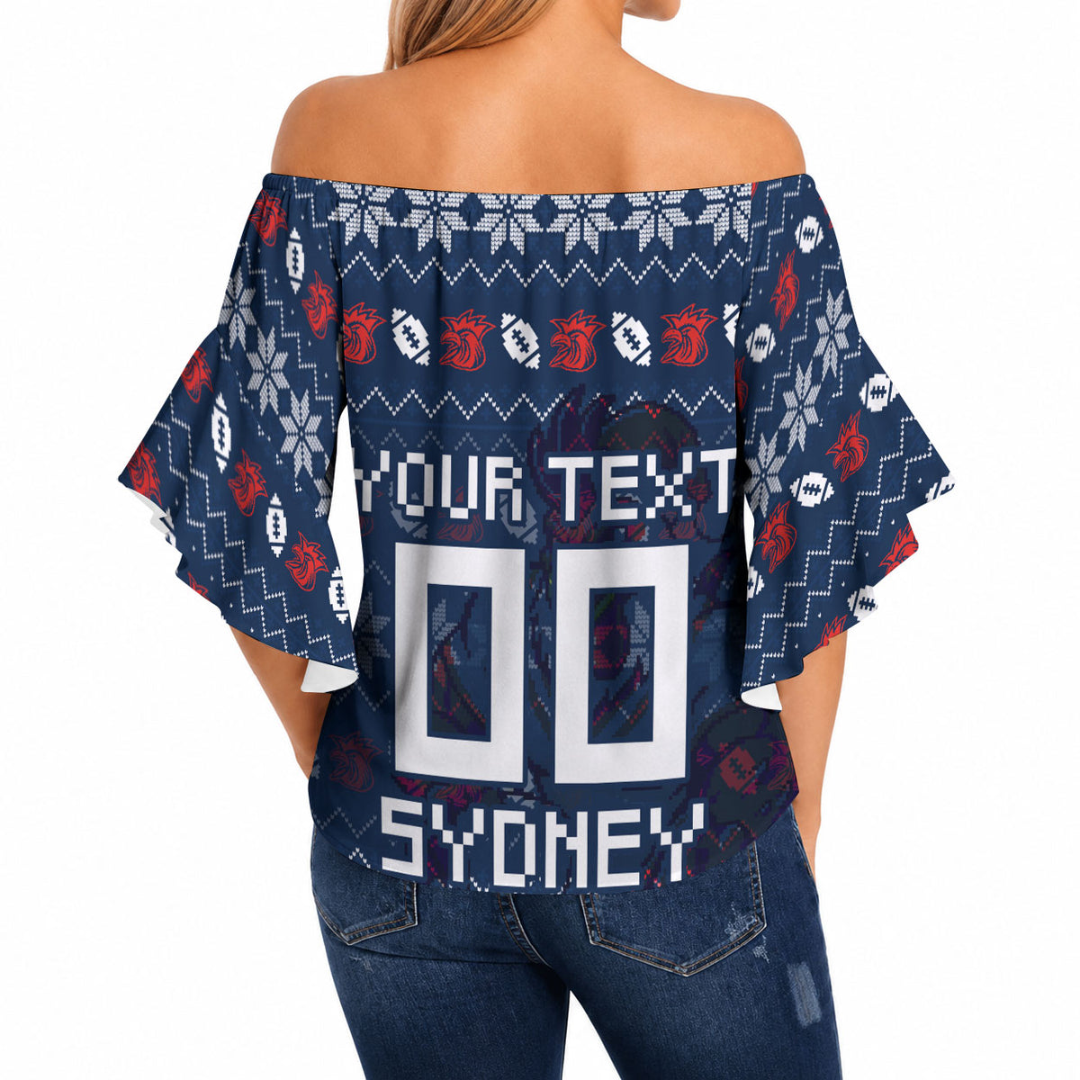 Personalized Sydney Roosters Christmas Off Shoulder Wrap Waist Top Australian Rugby Fans - Pixelated Ugly Xmas Pattern Mascot Santa