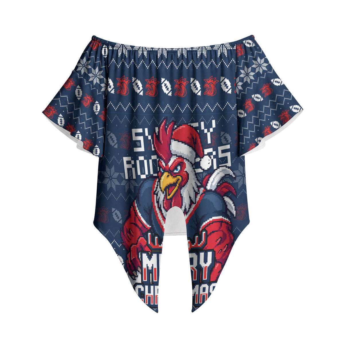 Personalized Sydney Roosters Christmas Off Shoulder Wrap Waist Top Australian Rugby Fans - Pixelated Ugly Xmas Pattern Mascot Santa