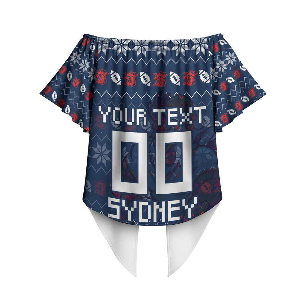 Personalized Sydney Roosters Christmas Off Shoulder Wrap Waist Top Australian Rugby Fans - Pixelated Ugly Xmas Pattern Mascot Santa