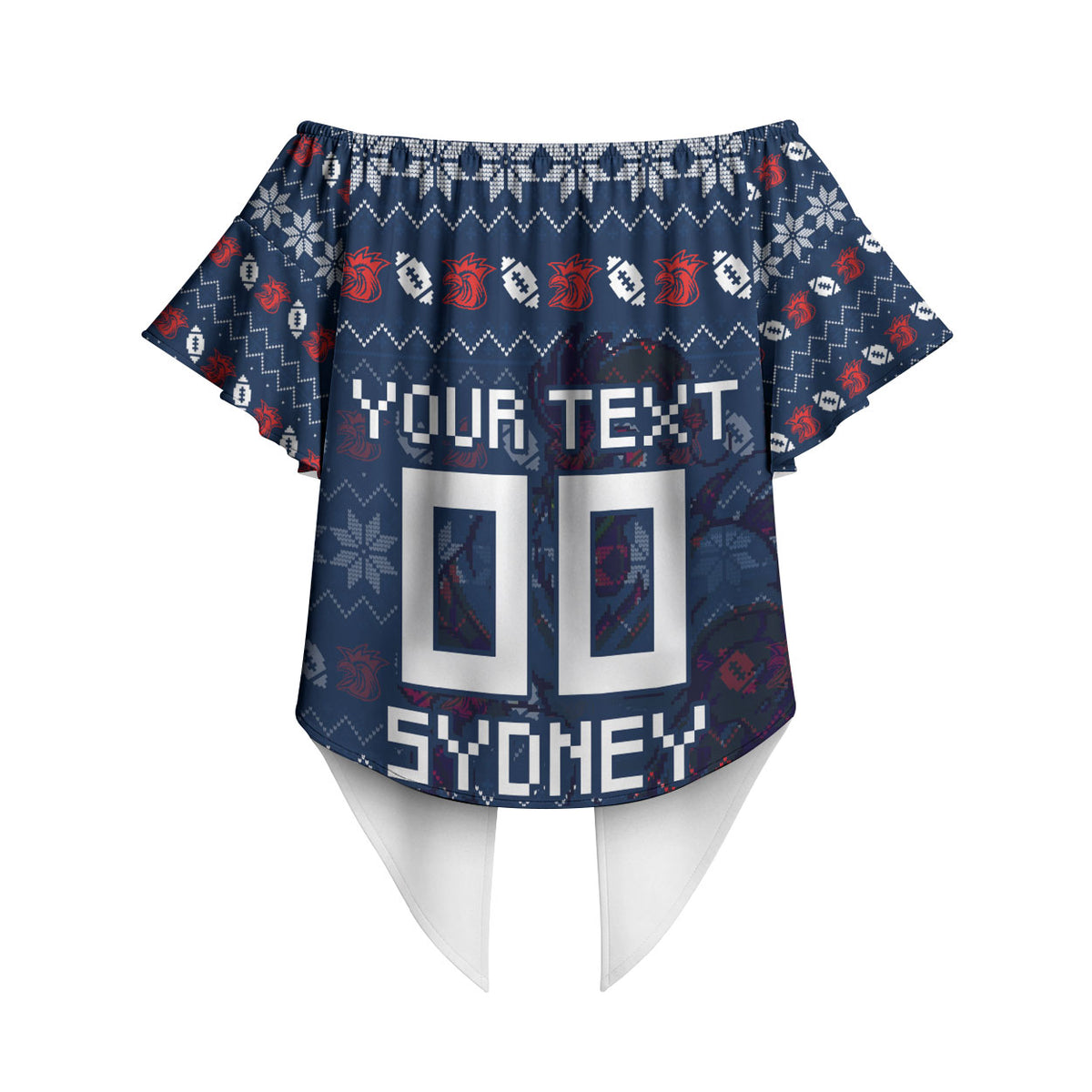 Personalized Sydney Roosters Christmas Off Shoulder Wrap Waist Top Australian Rugby Fans - Pixelated Ugly Xmas Pattern Mascot Santa