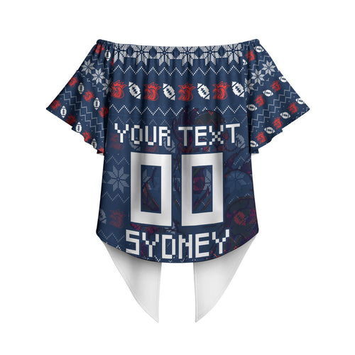 Personalized Sydney Roosters Christmas Off Shoulder Wrap Waist Top Australian Rugby Fans - Pixelated Ugly Xmas Pattern Mascot Santa