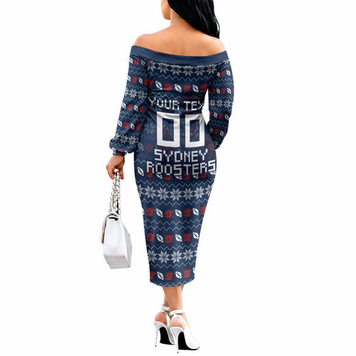 Personalized Sydney Roosters Christmas Off The Shoulder Long Sleeve Dress Australian Rugby Fans - Pixelated Ugly Xmas Pattern Mascot Santa