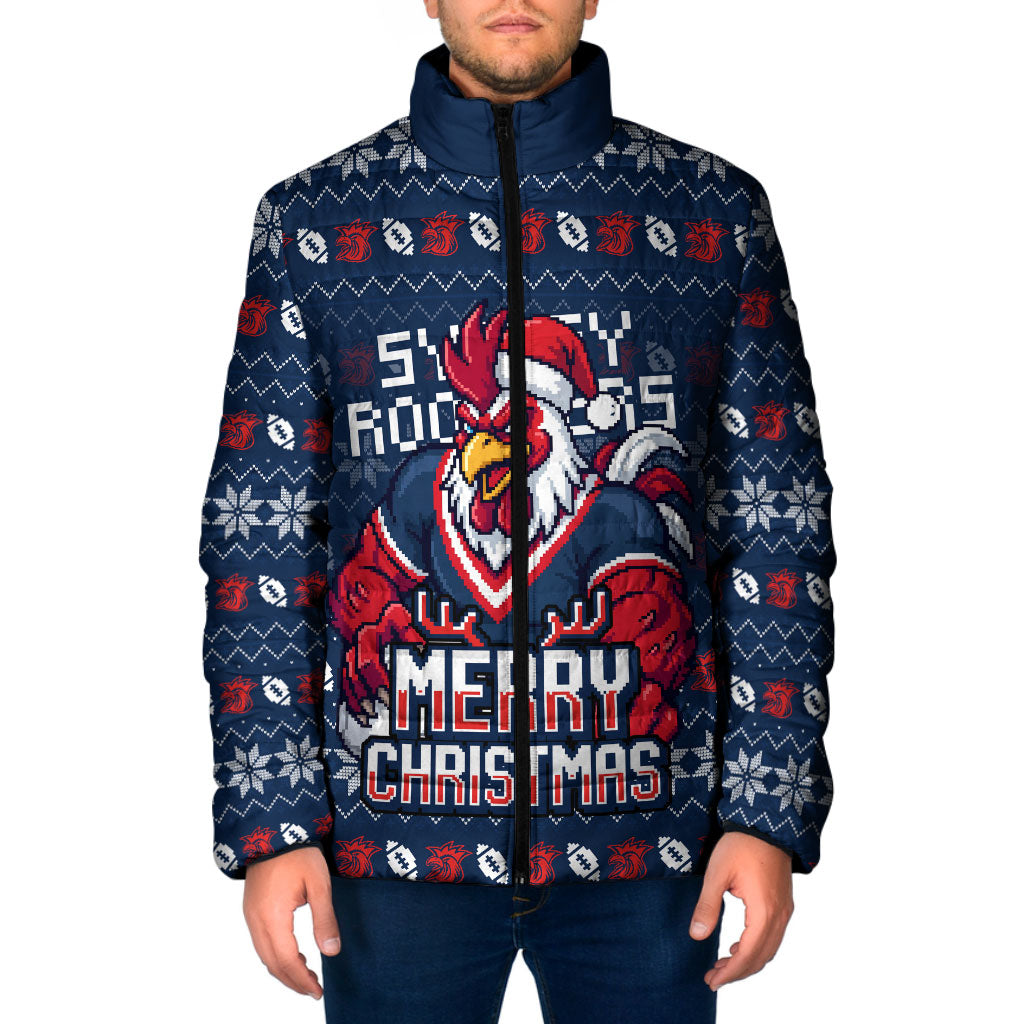 Personalized Sydney Roosters Christmas Padded Jacket Australian Rugby Fans - Pixelated Ugly Xmas Pattern Mascot Santa