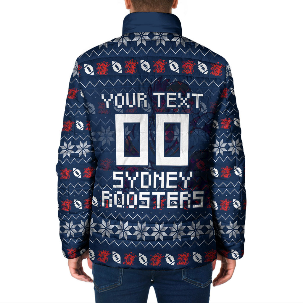 Personalized Sydney Roosters Christmas Padded Jacket Australian Rugby Fans - Pixelated Ugly Xmas Pattern Mascot Santa