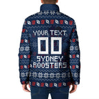 Personalized Sydney Roosters Christmas Padded Jacket Australian Rugby Fans - Pixelated Ugly Xmas Pattern Mascot Santa