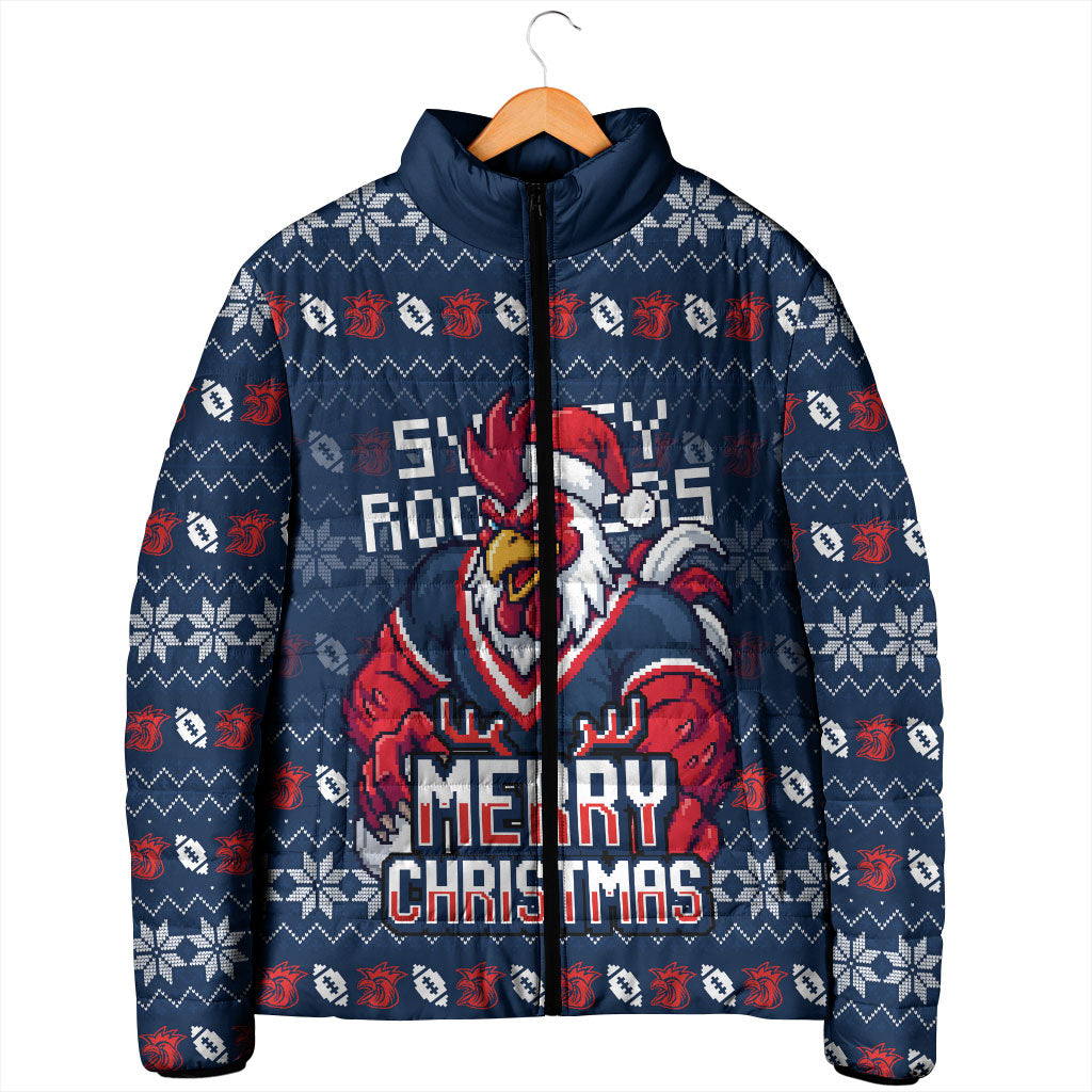 Personalized Sydney Roosters Christmas Padded Jacket Australian Rugby Fans - Pixelated Ugly Xmas Pattern Mascot Santa