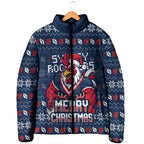Personalized Sydney Roosters Christmas Padded Jacket Australian Rugby Fans - Pixelated Ugly Xmas Pattern Mascot Santa