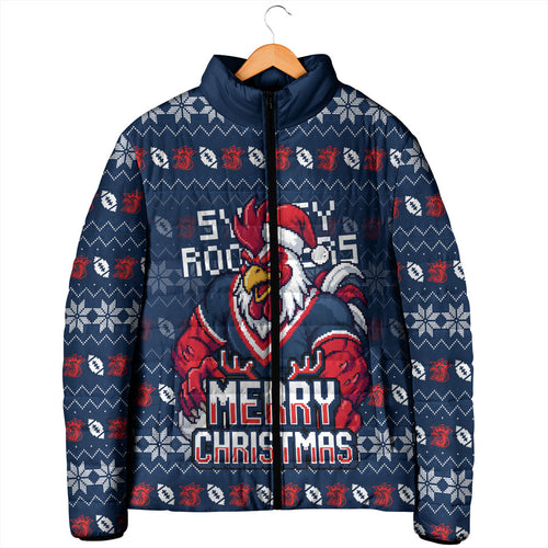 Personalized Sydney Roosters Christmas Padded Jacket Australian Rugby Fans - Pixelated Ugly Xmas Pattern Mascot Santa
