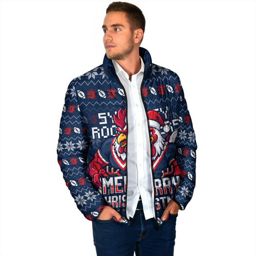 Personalized Sydney Roosters Christmas Padded Jacket Australian Rugby Fans - Pixelated Ugly Xmas Pattern Mascot Santa