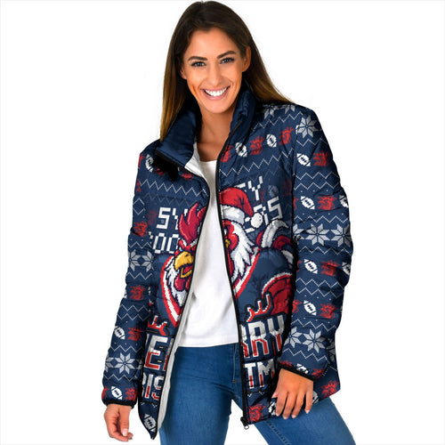 Personalized Sydney Roosters Christmas Padded Jacket Australian Rugby Fans - Pixelated Ugly Xmas Pattern Mascot Santa