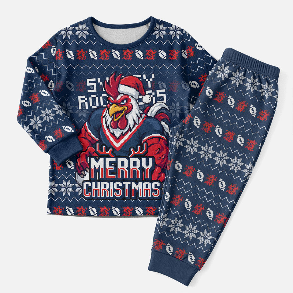 Personalized Sydney Roosters Christmas Pajama Set Australian Rugby Fans - Pixelated Ugly Xmas Pattern Mascot Santa