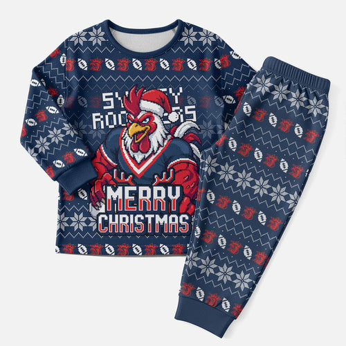 Personalized Sydney Roosters Christmas Pajama Set Australian Rugby Fans - Pixelated Ugly Xmas Pattern Mascot Santa