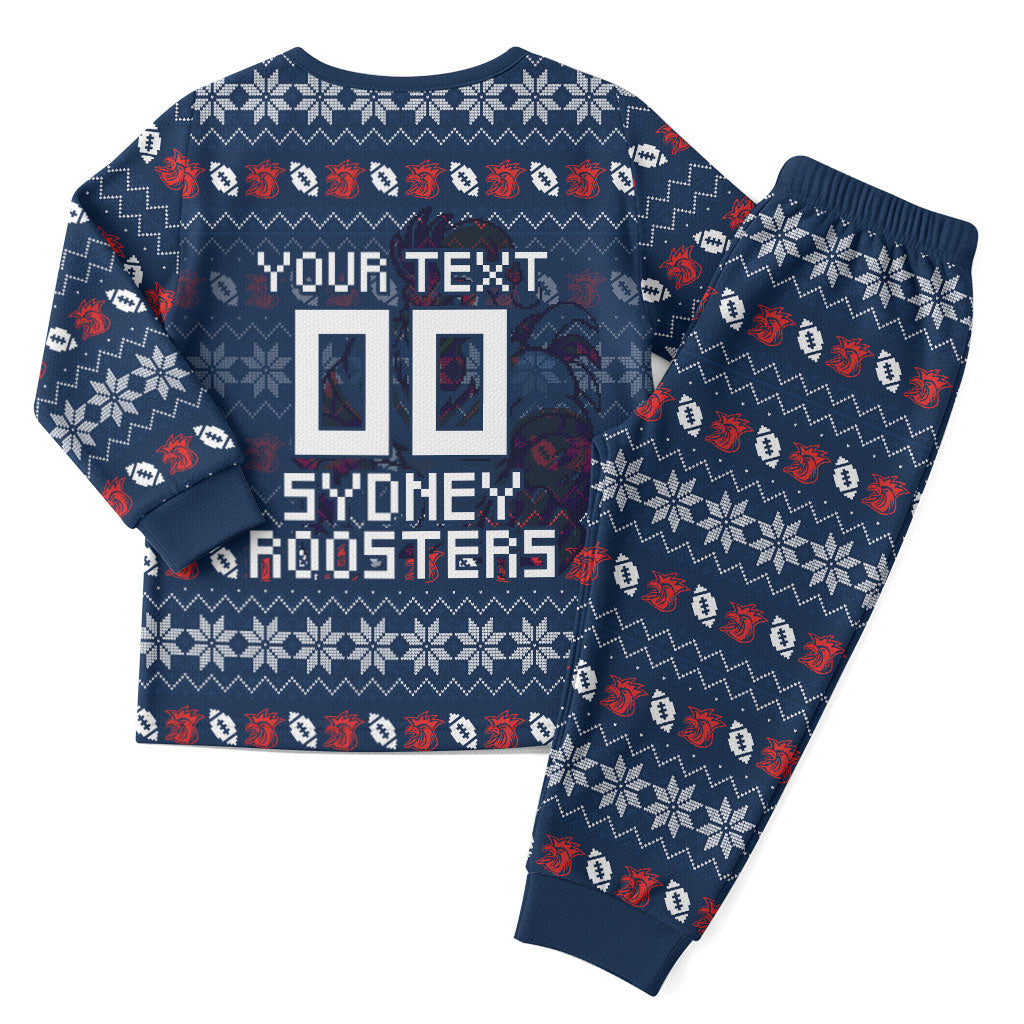 Personalized Sydney Roosters Christmas Pajama Set Australian Rugby Fans - Pixelated Ugly Xmas Pattern Mascot Santa
