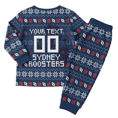 Personalized Sydney Roosters Christmas Pajama Set Australian Rugby Fans - Pixelated Ugly Xmas Pattern Mascot Santa