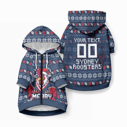Personalized Sydney Roosters Christmas Pet Hoodie Australian Rugby Fans - Pixelated Ugly Xmas Pattern Mascot Santa