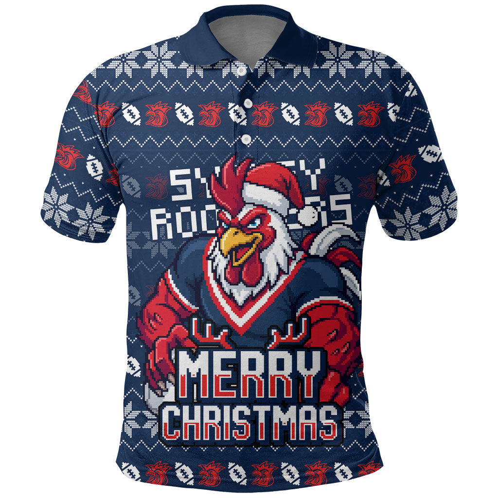 Personalized Sydney Roosters Christmas Polo Shirt Australian Rugby Fans - Pixelated Ugly Xmas Pattern Mascot Santa