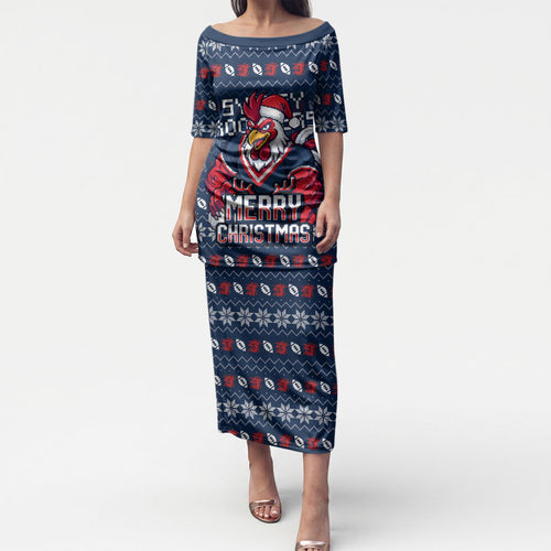 Personalized Sydney Roosters Christmas Puletasi Australian Rugby Fans - Pixelated Ugly Xmas Pattern Mascot Santa