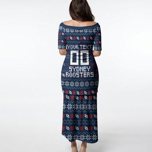 Personalized Sydney Roosters Christmas Puletasi Australian Rugby Fans - Pixelated Ugly Xmas Pattern Mascot Santa