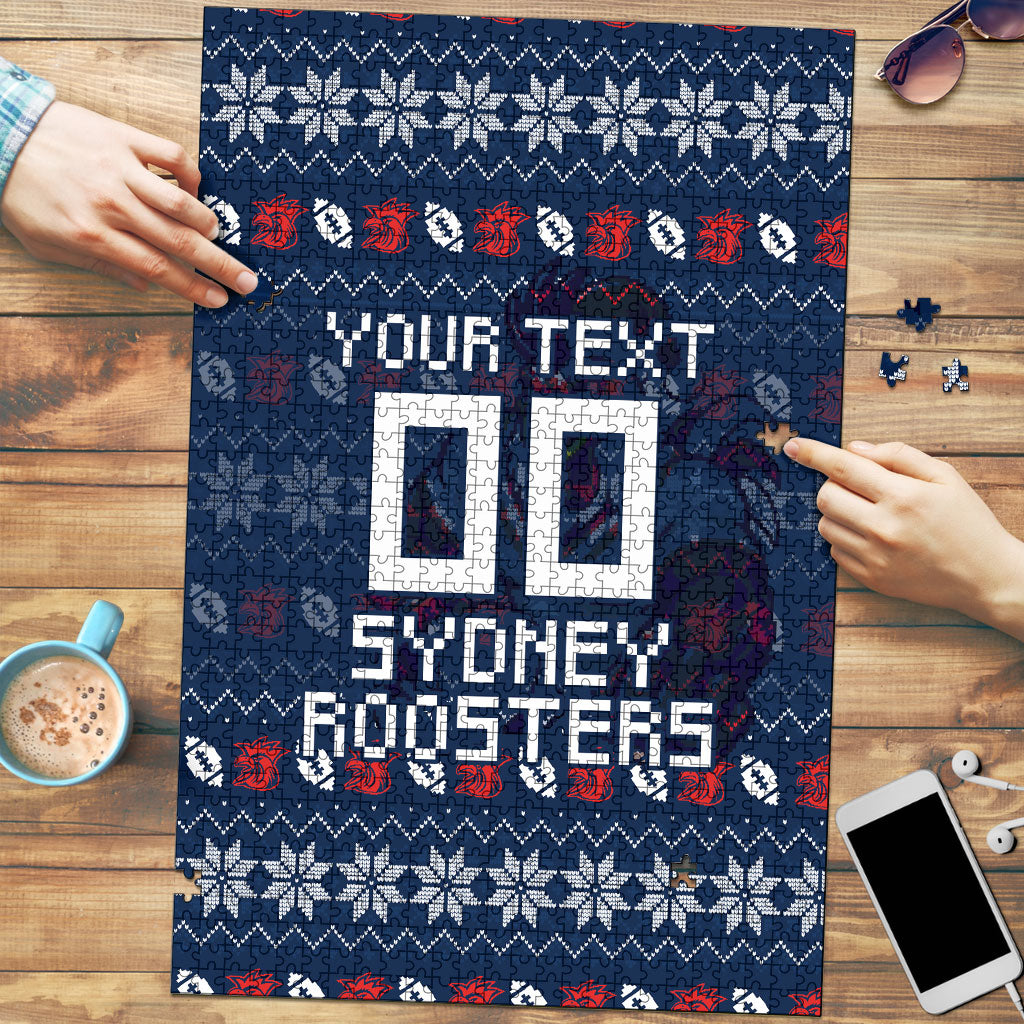 Personalized Sydney Roosters Christmas Puzzle Australian Rugby Fans - Pixelated Ugly Xmas Pattern Mascot Santa