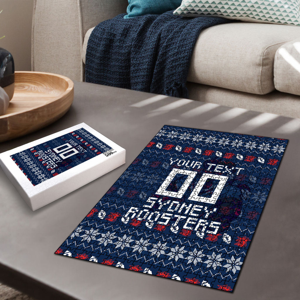 Personalized Sydney Roosters Christmas Puzzle Australian Rugby Fans - Pixelated Ugly Xmas Pattern Mascot Santa
