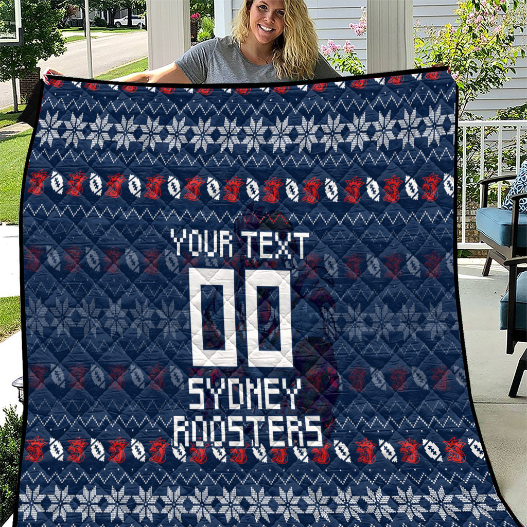 Personalized Sydney Roosters Christmas Quilt Australian Rugby Fans - Pixelated Ugly Xmas Pattern Mascot Santa