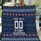 Personalized Sydney Roosters Christmas Quilt Australian Rugby Fans - Pixelated Ugly Xmas Pattern Mascot Santa