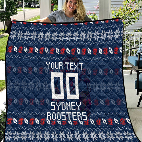 Personalized Sydney Roosters Christmas Quilt Australian Rugby Fans - Pixelated Ugly Xmas Pattern Mascot Santa