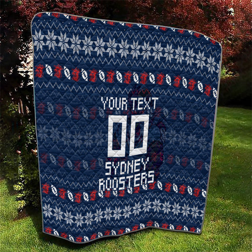 Personalized Sydney Roosters Christmas Quilt Australian Rugby Fans - Pixelated Ugly Xmas Pattern Mascot Santa