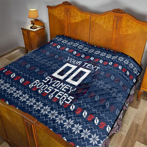 Personalized Sydney Roosters Christmas Quilt Australian Rugby Fans - Pixelated Ugly Xmas Pattern Mascot Santa