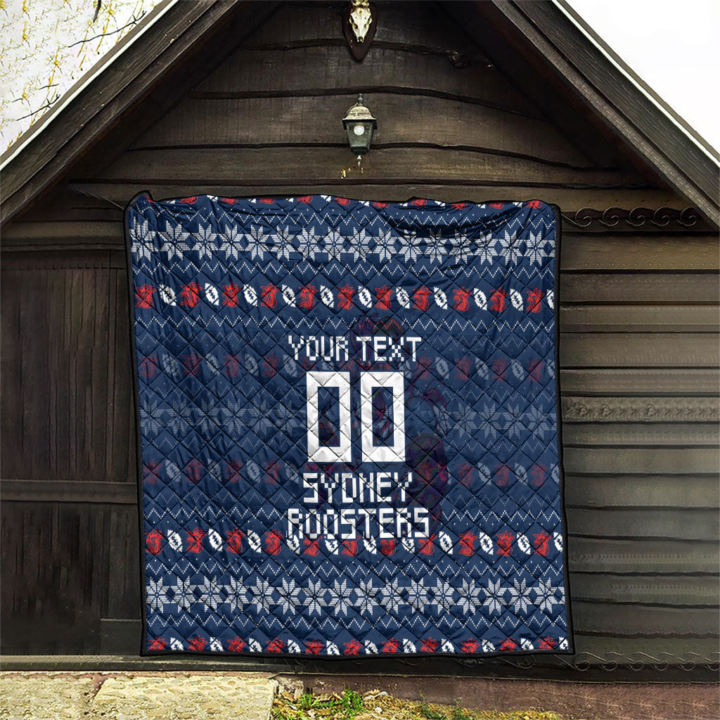 Personalized Sydney Roosters Christmas Quilt Australian Rugby Fans - Pixelated Ugly Xmas Pattern Mascot Santa