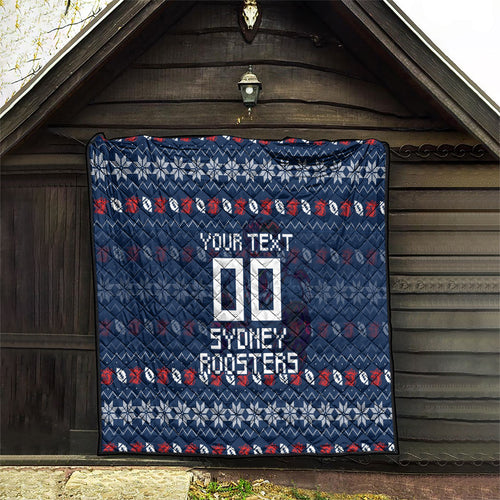Personalized Sydney Roosters Christmas Quilt Australian Rugby Fans - Pixelated Ugly Xmas Pattern Mascot Santa